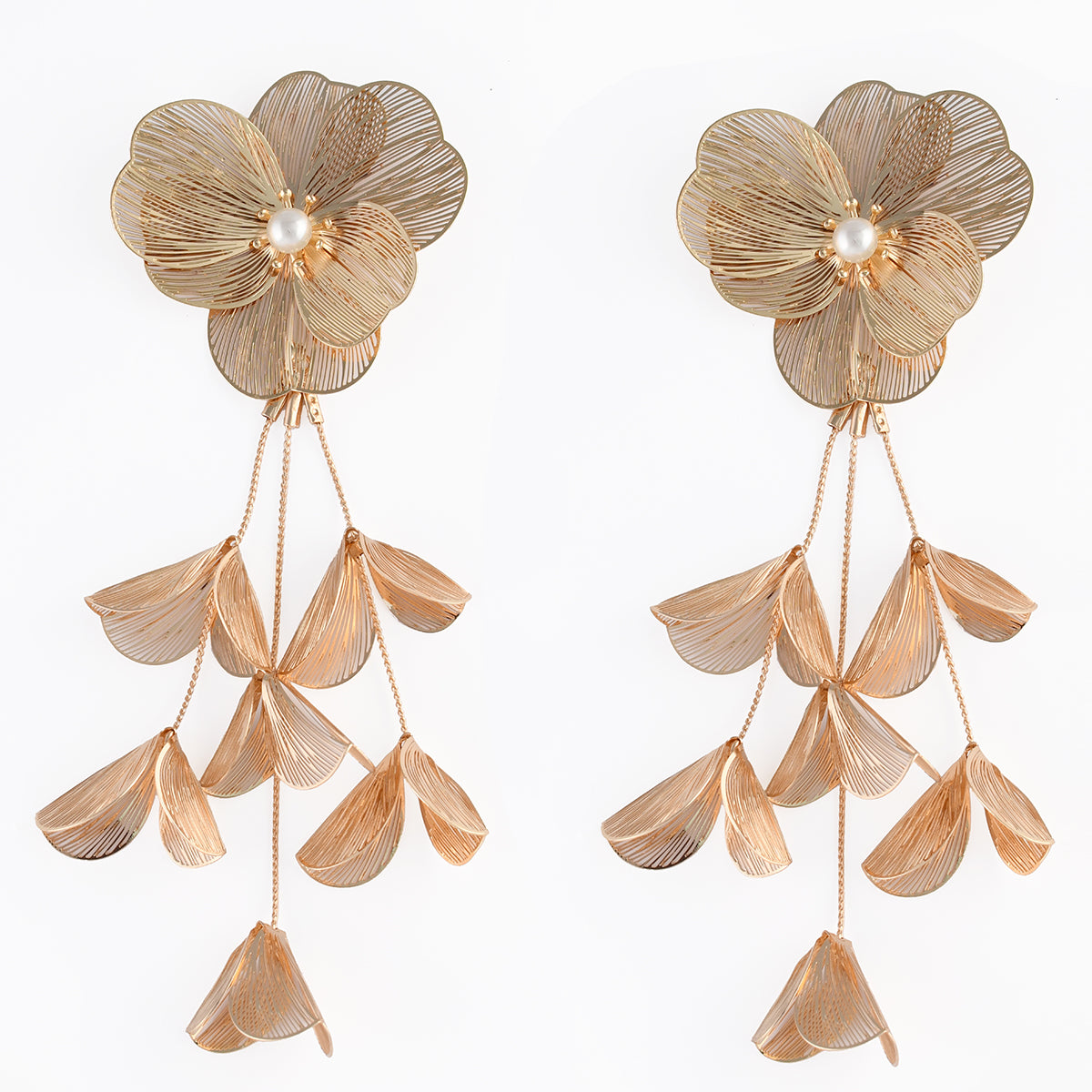 Longues boucles d'oreilles fleurs en filigrane dorées