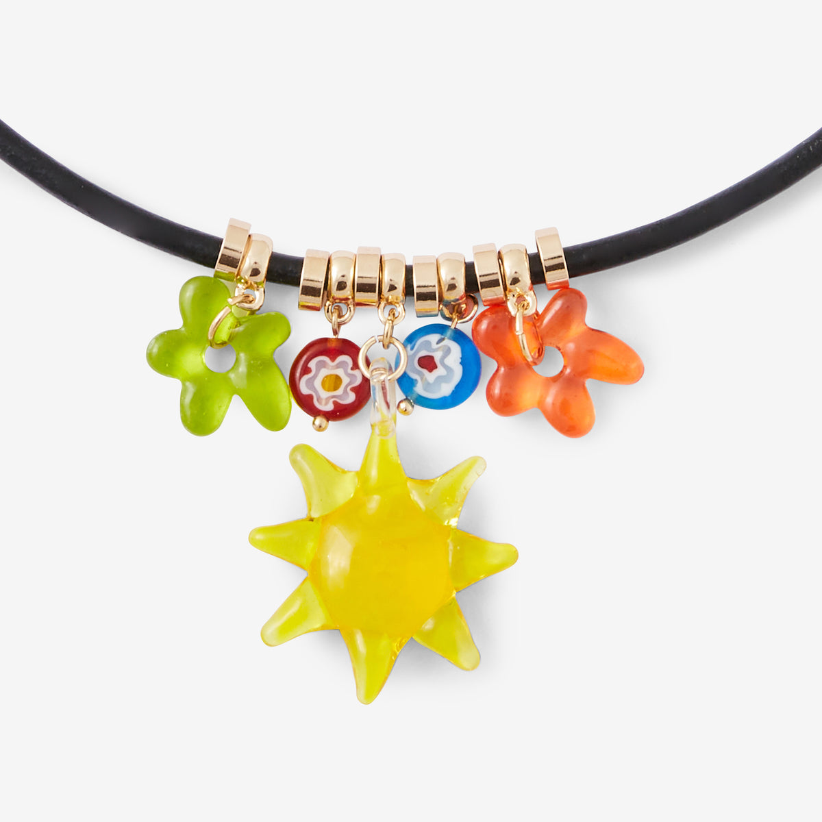 Collier cordon cuir pendentif soleil et fleurs