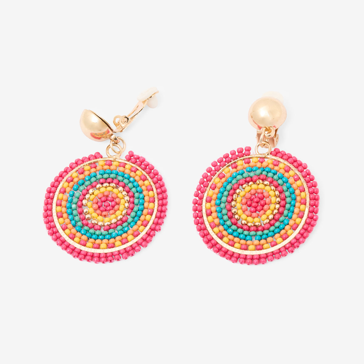 Boucles d'oreilles clips rondes perles de rocaille multicolore