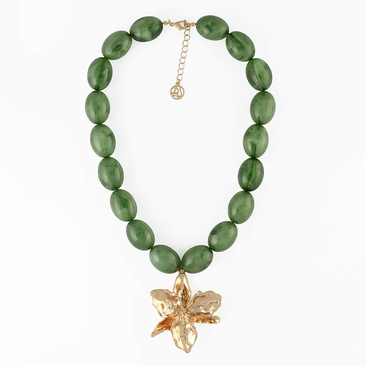 Collier perles vertes pendentif fleur
