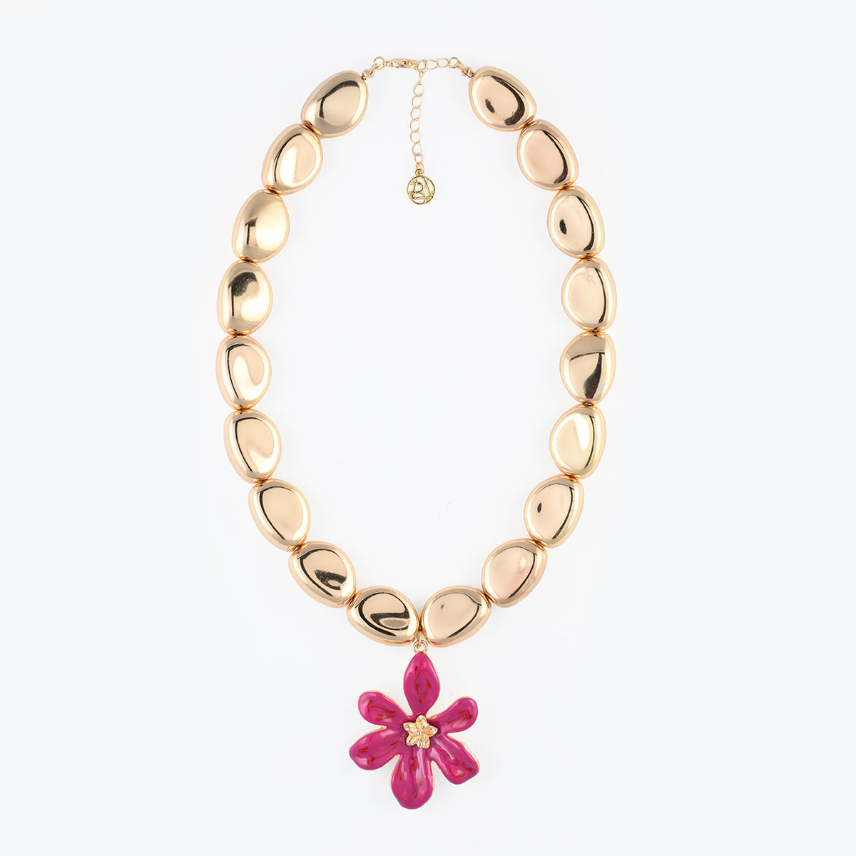 Collier perles dorées pendentif fleur rose fuchsia