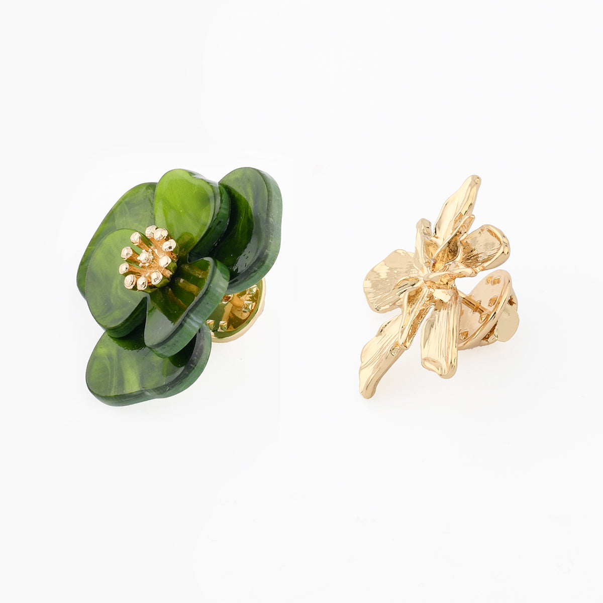 Set de 2 pin's fleurs verte et dorée