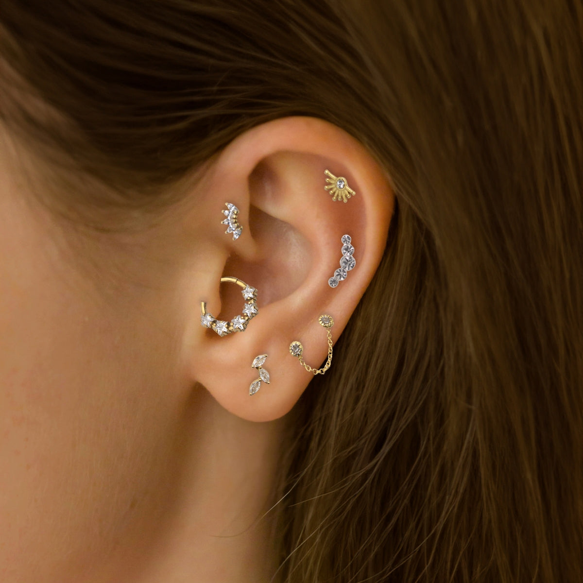 Piercing stud hélix/tragus soleil doré argent garanti et strass