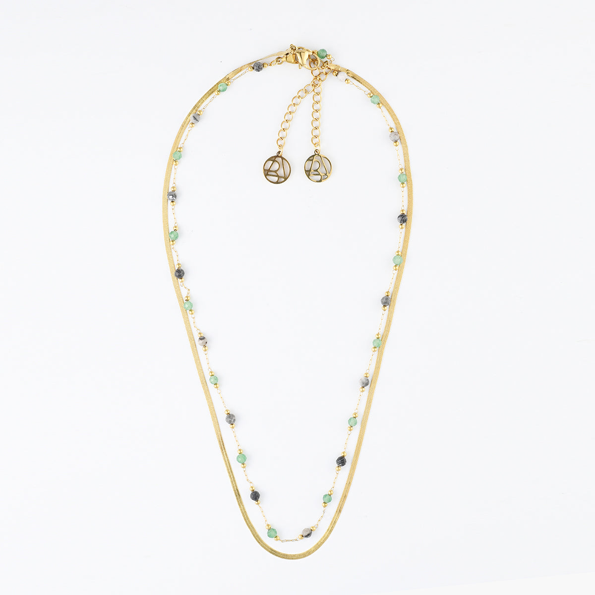 Set x2 colliers chaine miroir acier inoxydable et pierre d'Aventurine