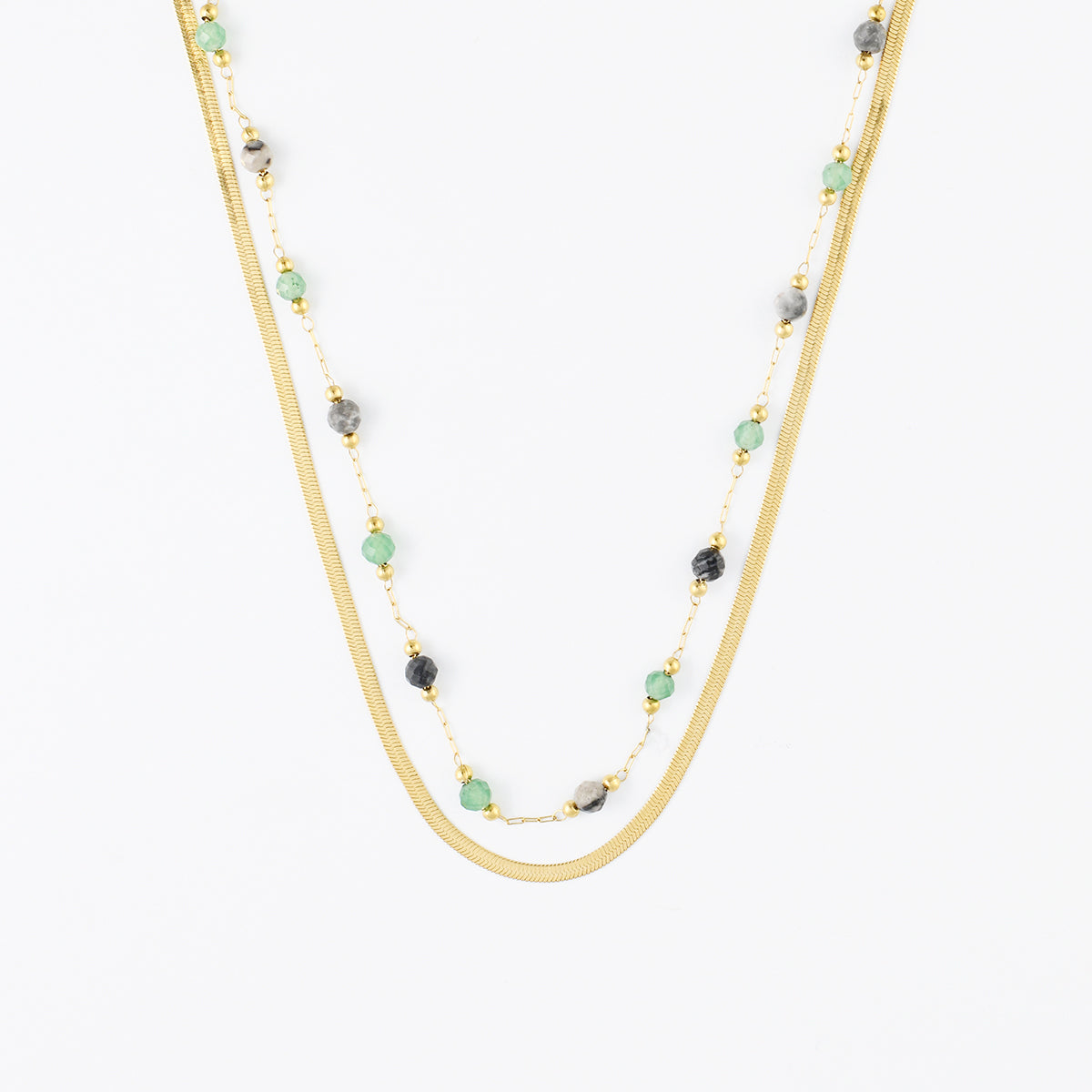 Set x2 colliers chaine miroir acier inoxydable et pierre d'Aventurine