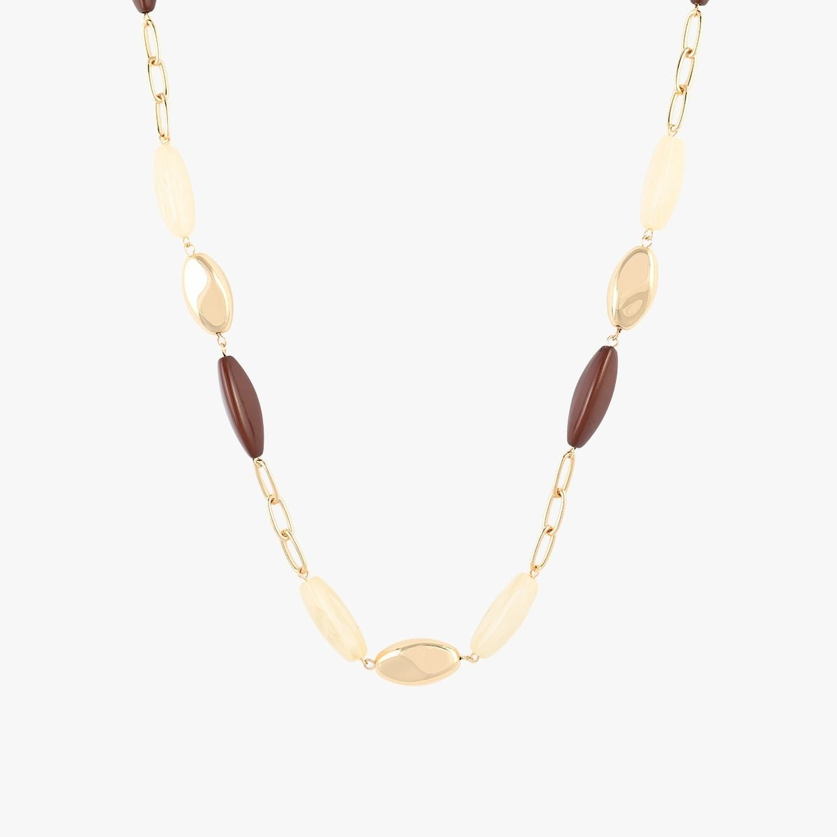 Collier long perles fantaisie écru et marron