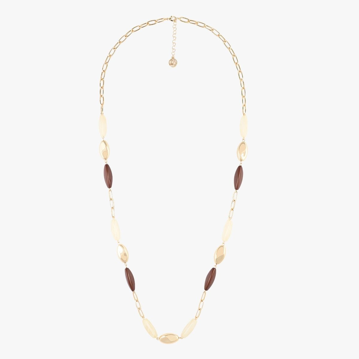 Collier long perles fantaisie écru et marron
