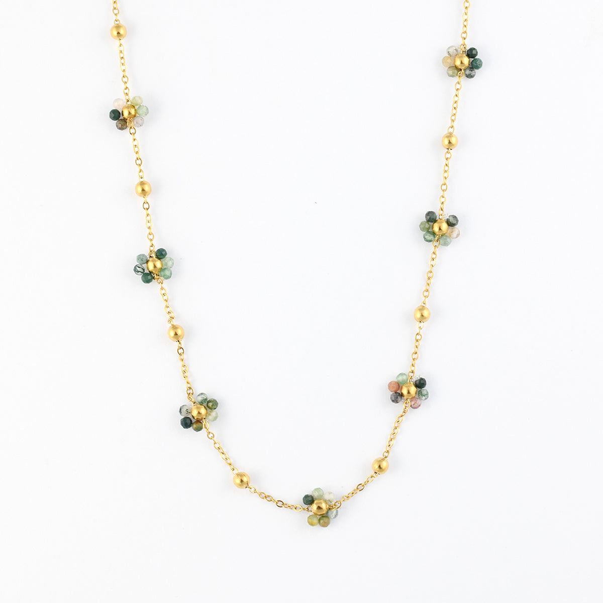 Collier chaîne fine acier inoxydable et fleur en pierre d'Aventurine