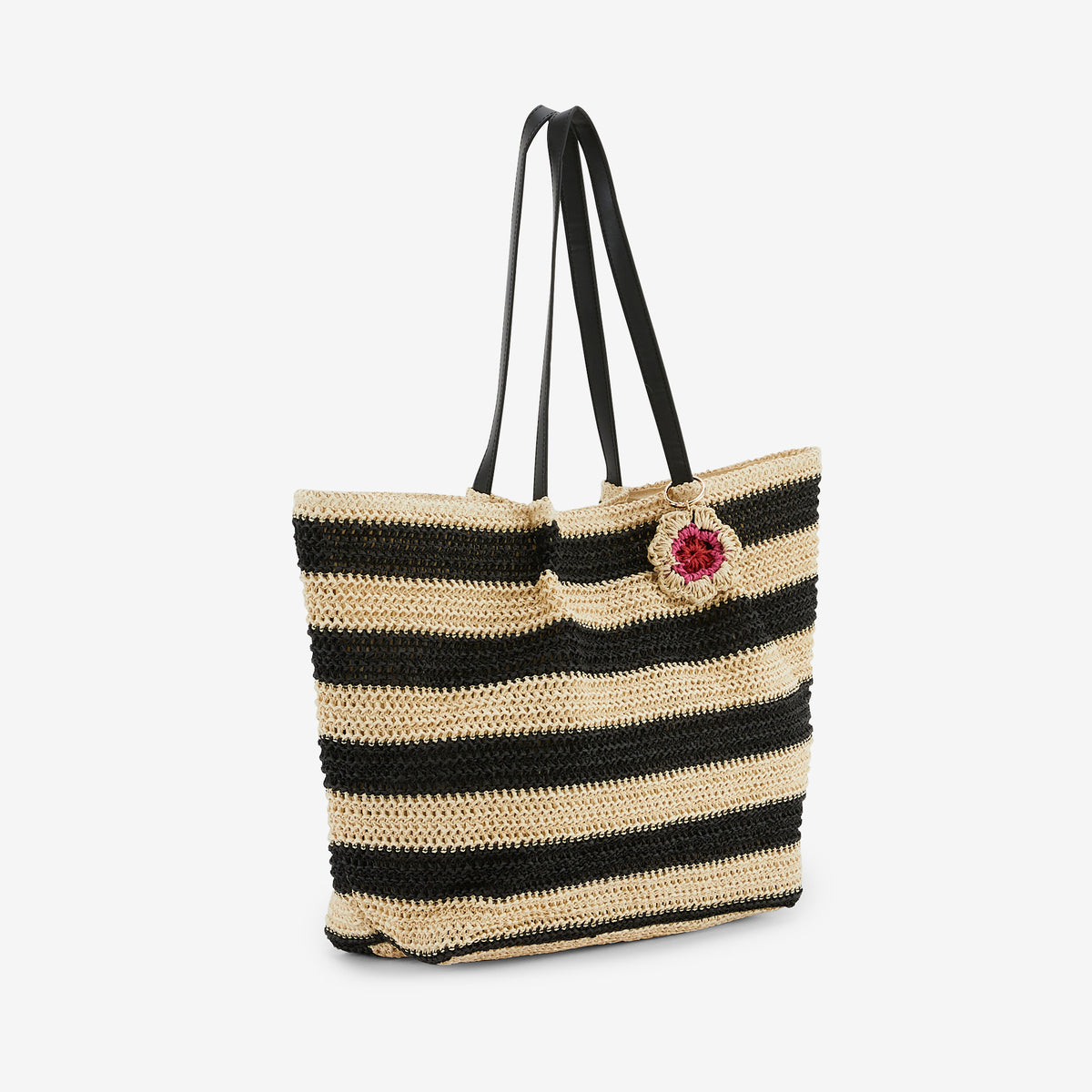 Cabas effet paille à rayures noir et beige