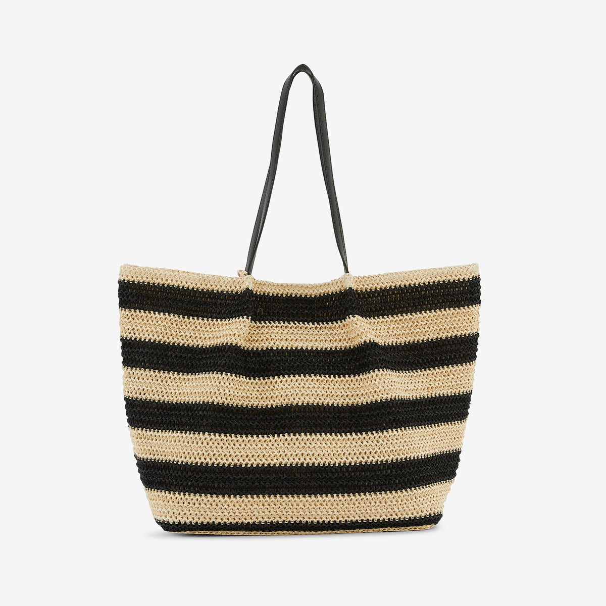 Cabas effet paille à rayures noir et beige