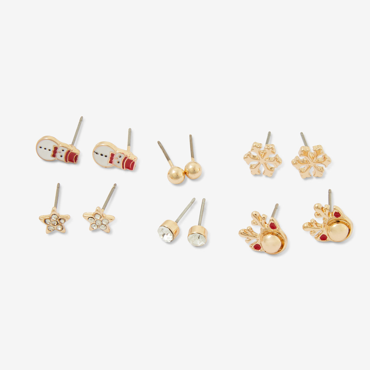 Set de 6 paires de puces d’oreilles Noël - Boules, étoiles, flocons, rennes et bonhommes de neige