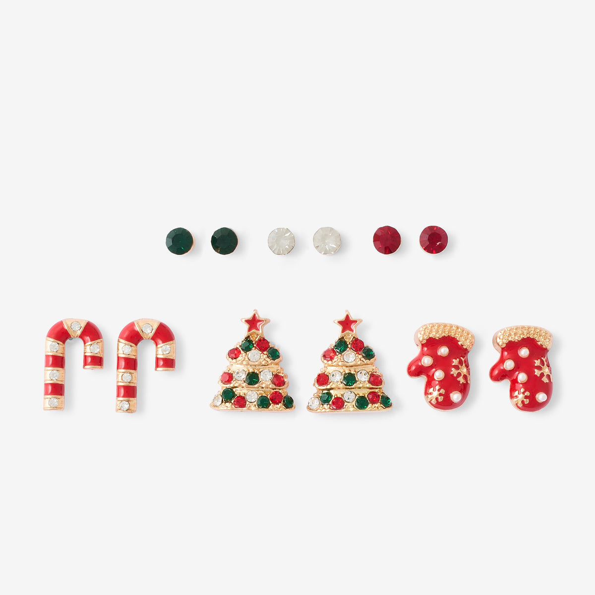 Set de 6 paires de puces d’oreilles de Noël – Sucre d’orge, moufles et sapins de Noël