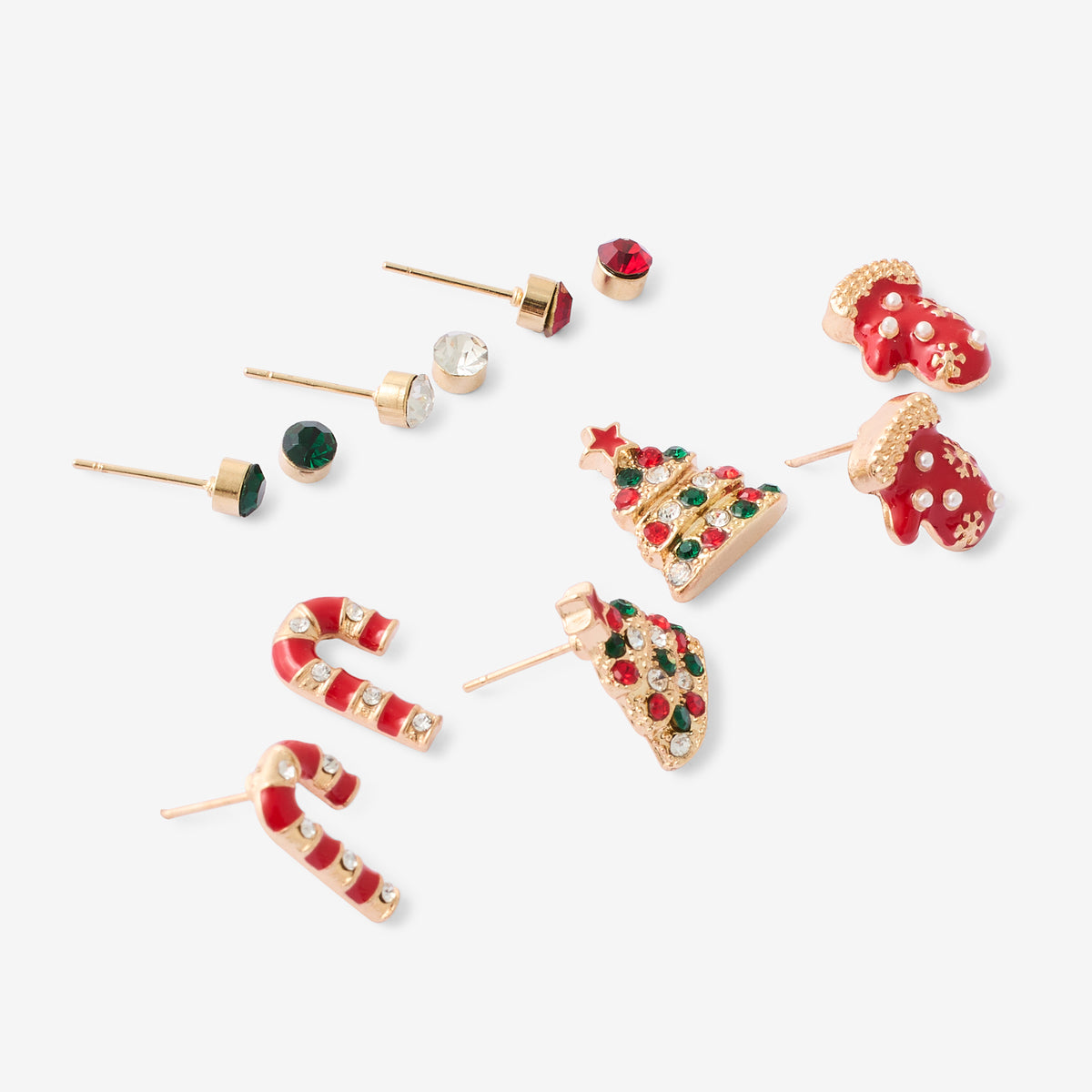 Set de 6 paires de puces d’oreilles de Noël – Sucre d’orge, moufles et sapins de Noël
