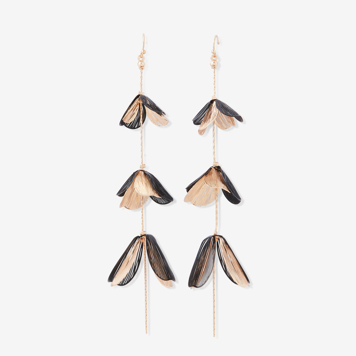 Boucles d'oreilles longues pétales en filigrane noir et doré