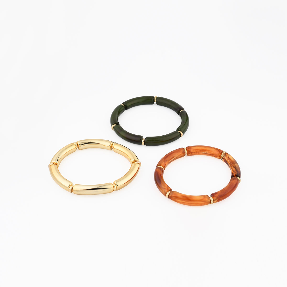Set x3 bracelets tubes vert, marron et doré