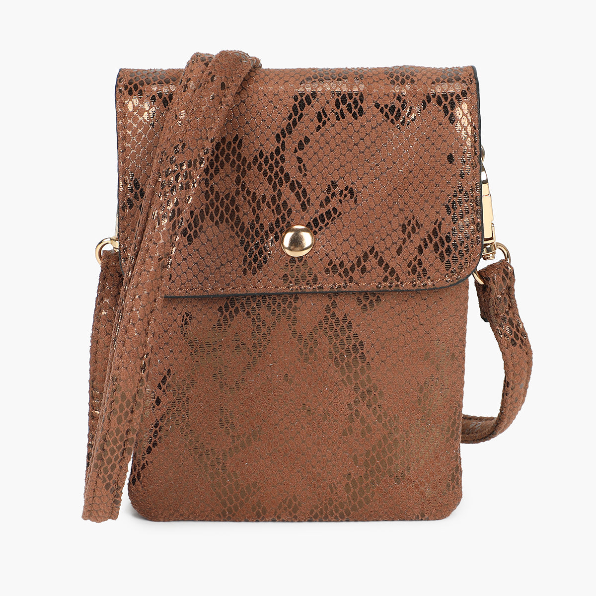 Pochette de téléphone marron effet serpent