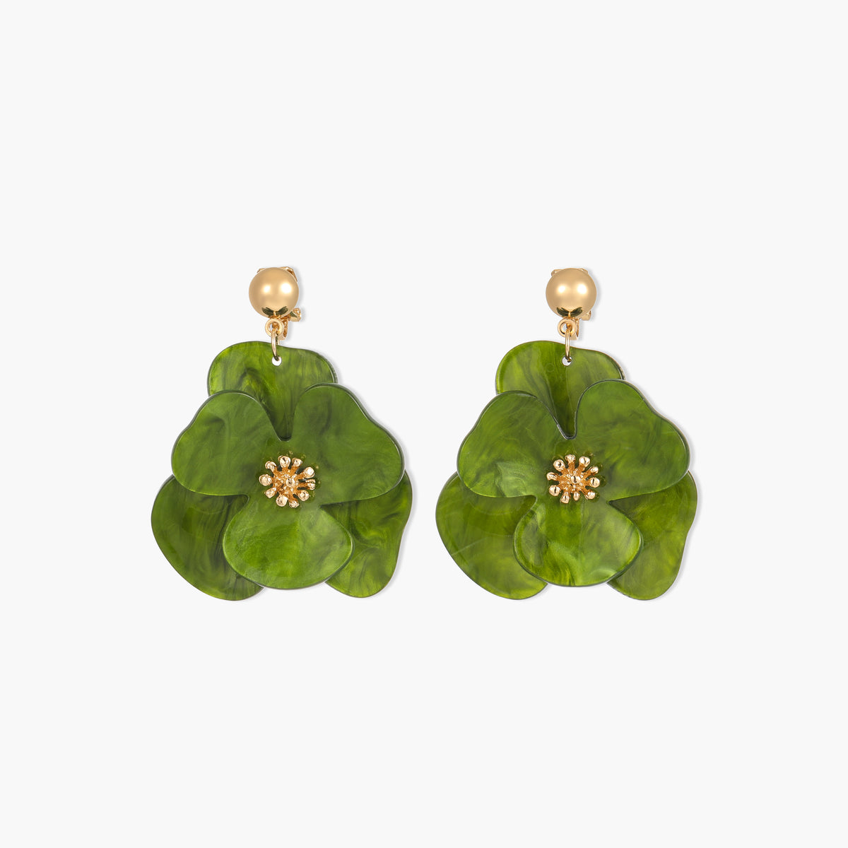 Boucles d'oreilles clips - fleurs en résine vertes