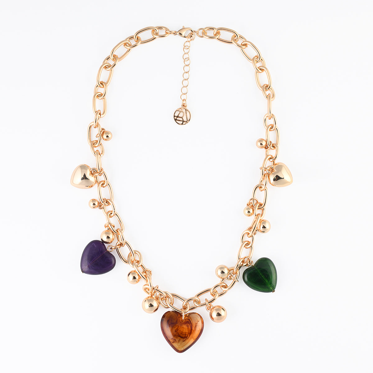 Collier chaîne à pendentifs cœurs en résine violets, marron et verts