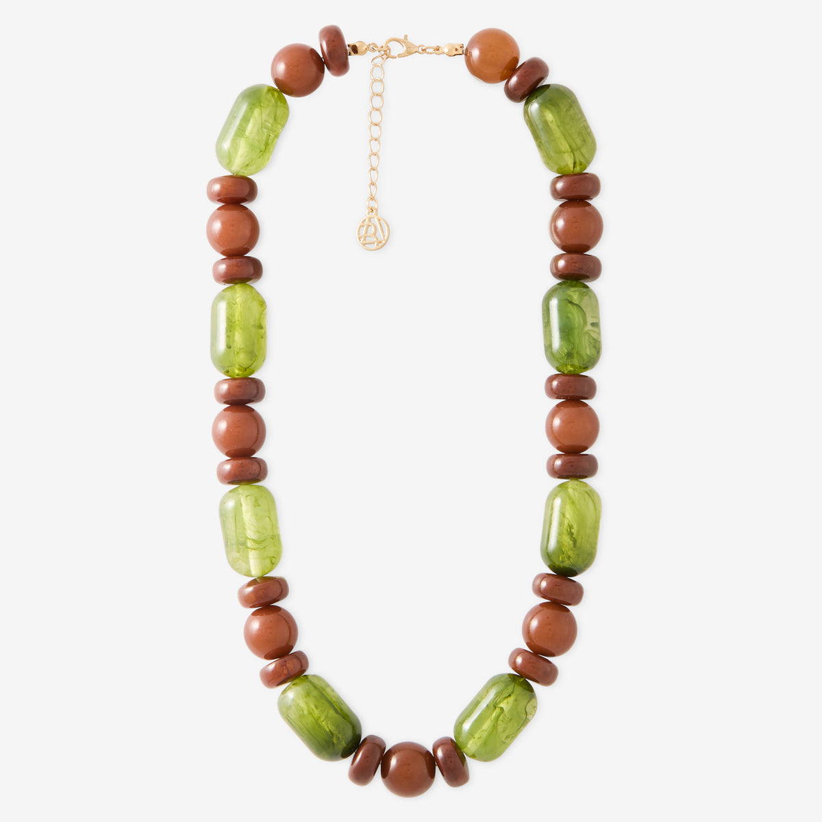 Collier de perles en résine vertes et marron