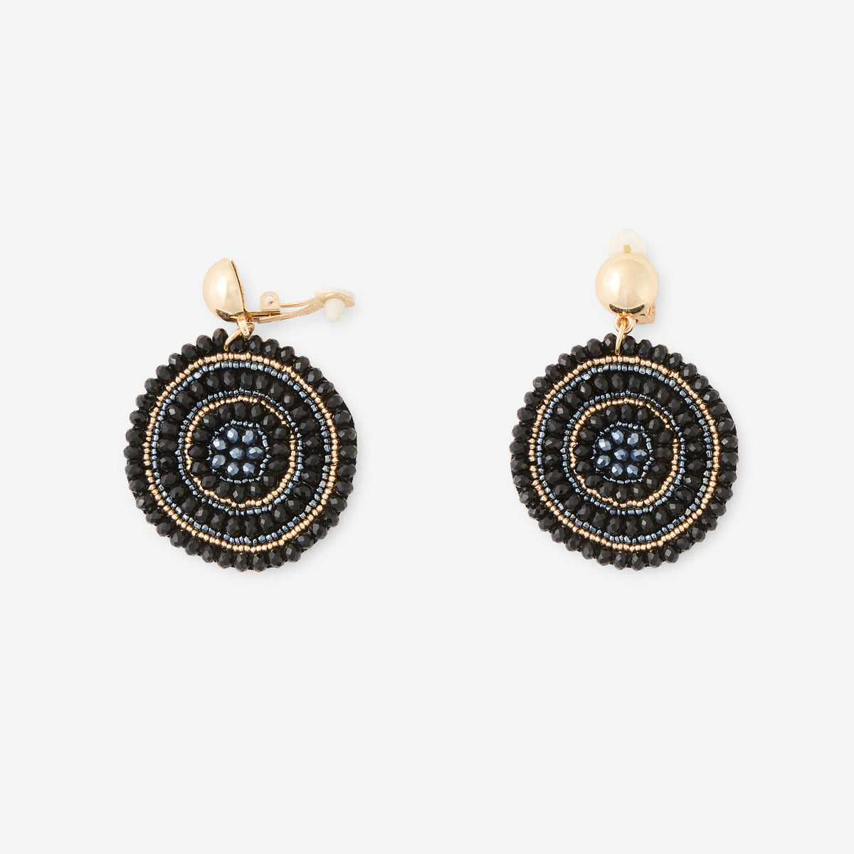 Boucles d'oreilles clips - disques en perles de rocaille noirs et dorés