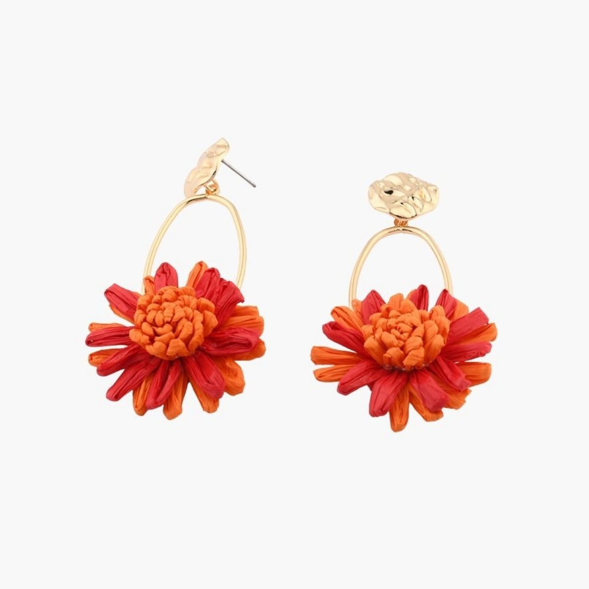 Boucles d'oreilles fleur en raphia rouge et orange