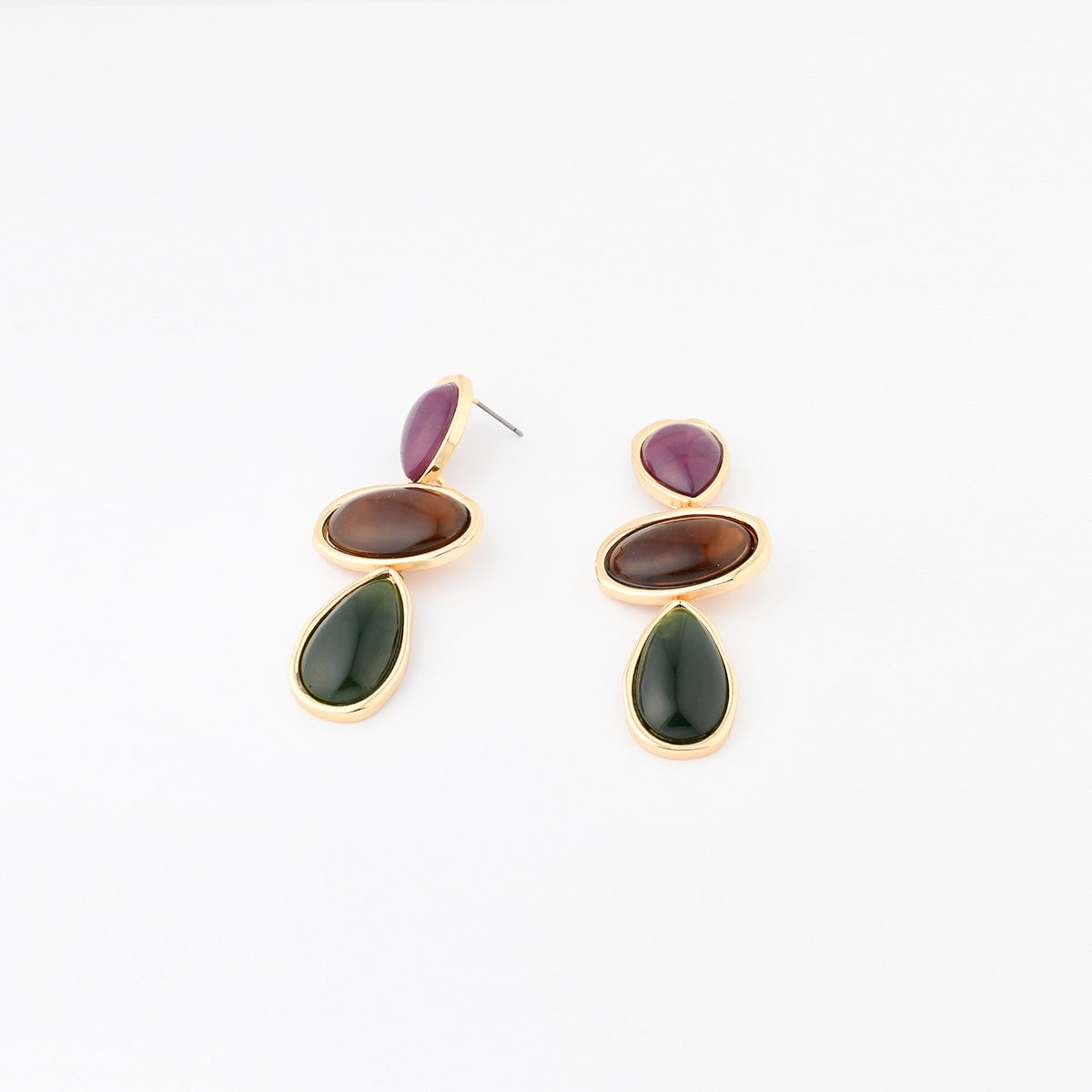 Boucles d'oreilles 3 cabochons violet, marron et vert