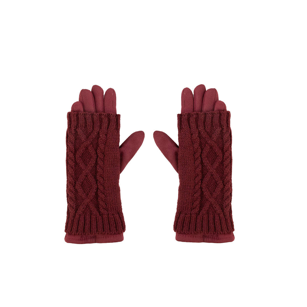 Gants bordeaux avec mitaines en maille torsadée