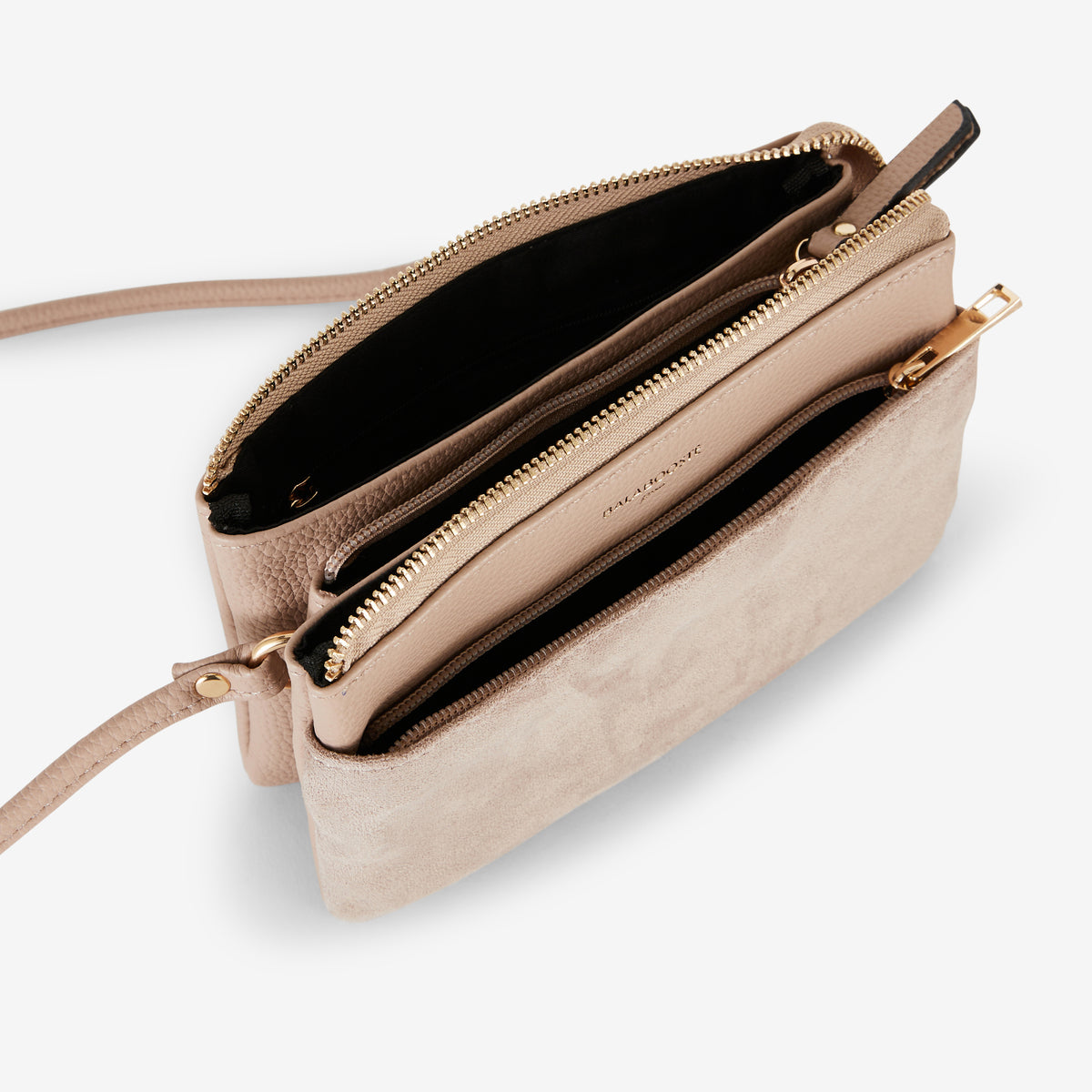 Sac multipoches beige bi matière en suédine et simili cuir grainé