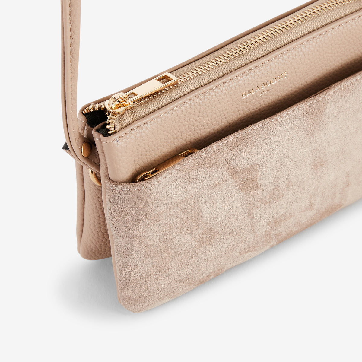Sac multipoches beige bi matière en suédine et simili cuir grainé