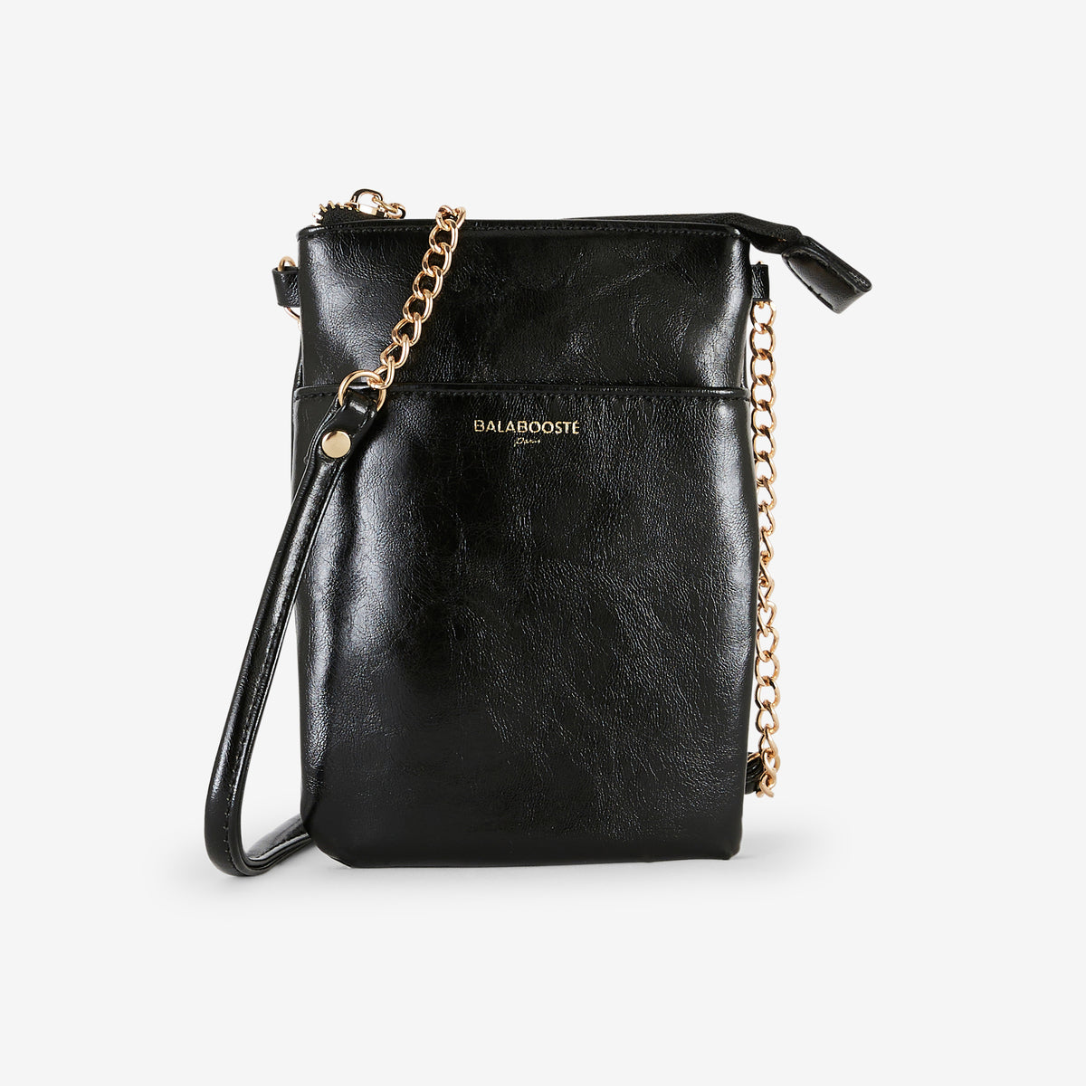 Pochette de téléphone noire en simili cuir brillant