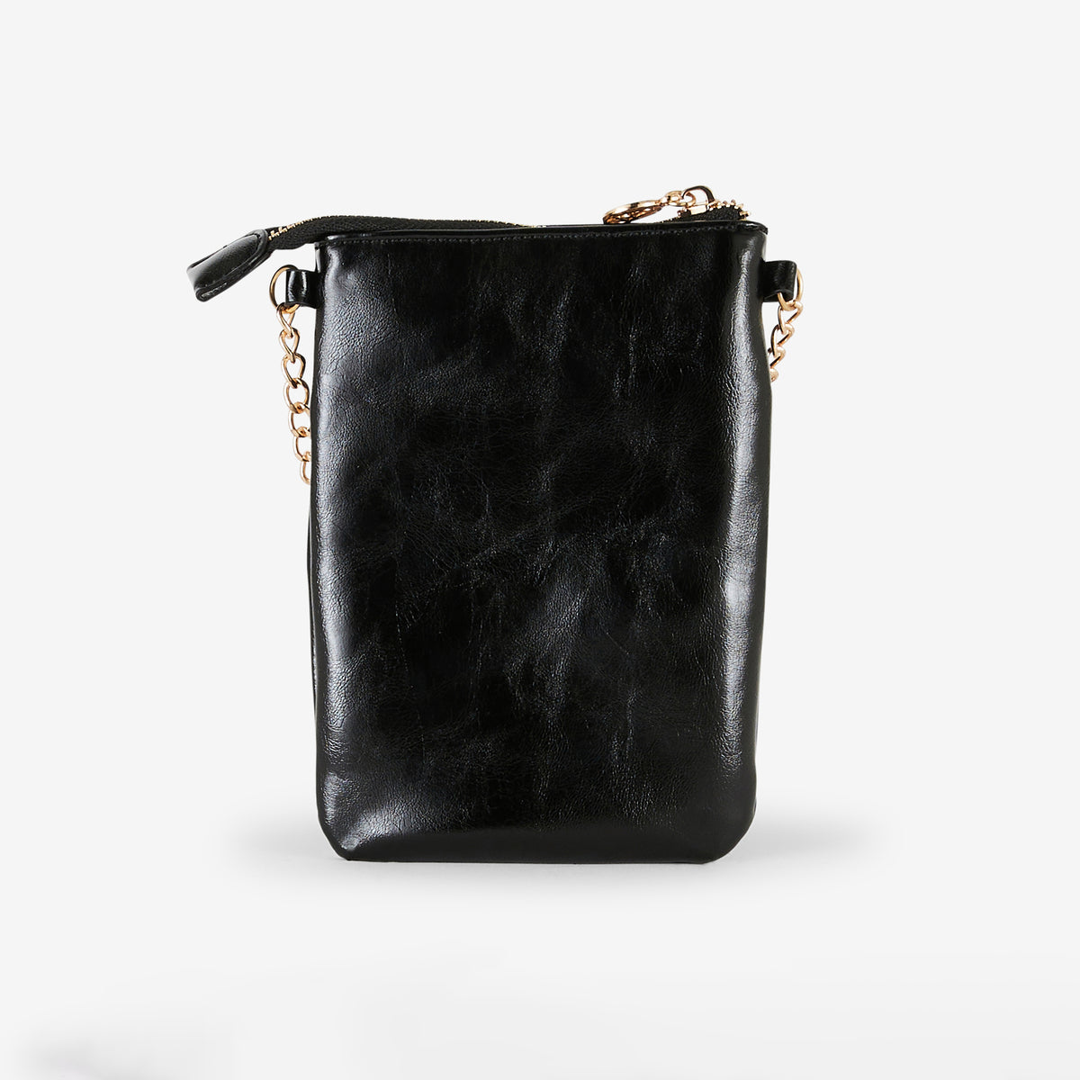 Pochette de téléphone noire en simili cuir brillant