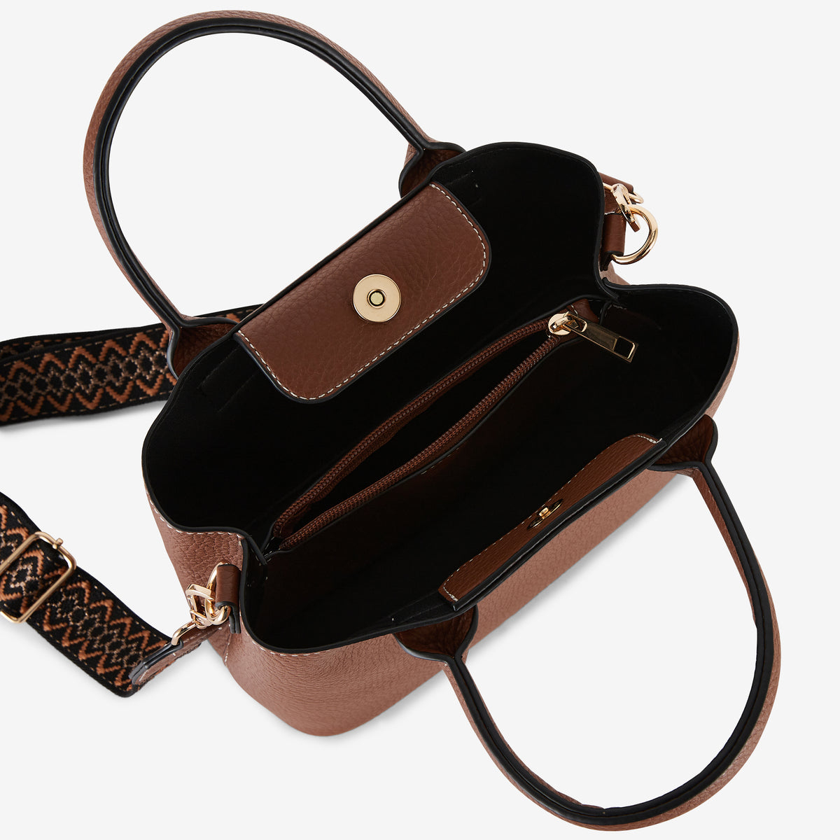Sac à main cognac effet grainé avec surpiqûres
