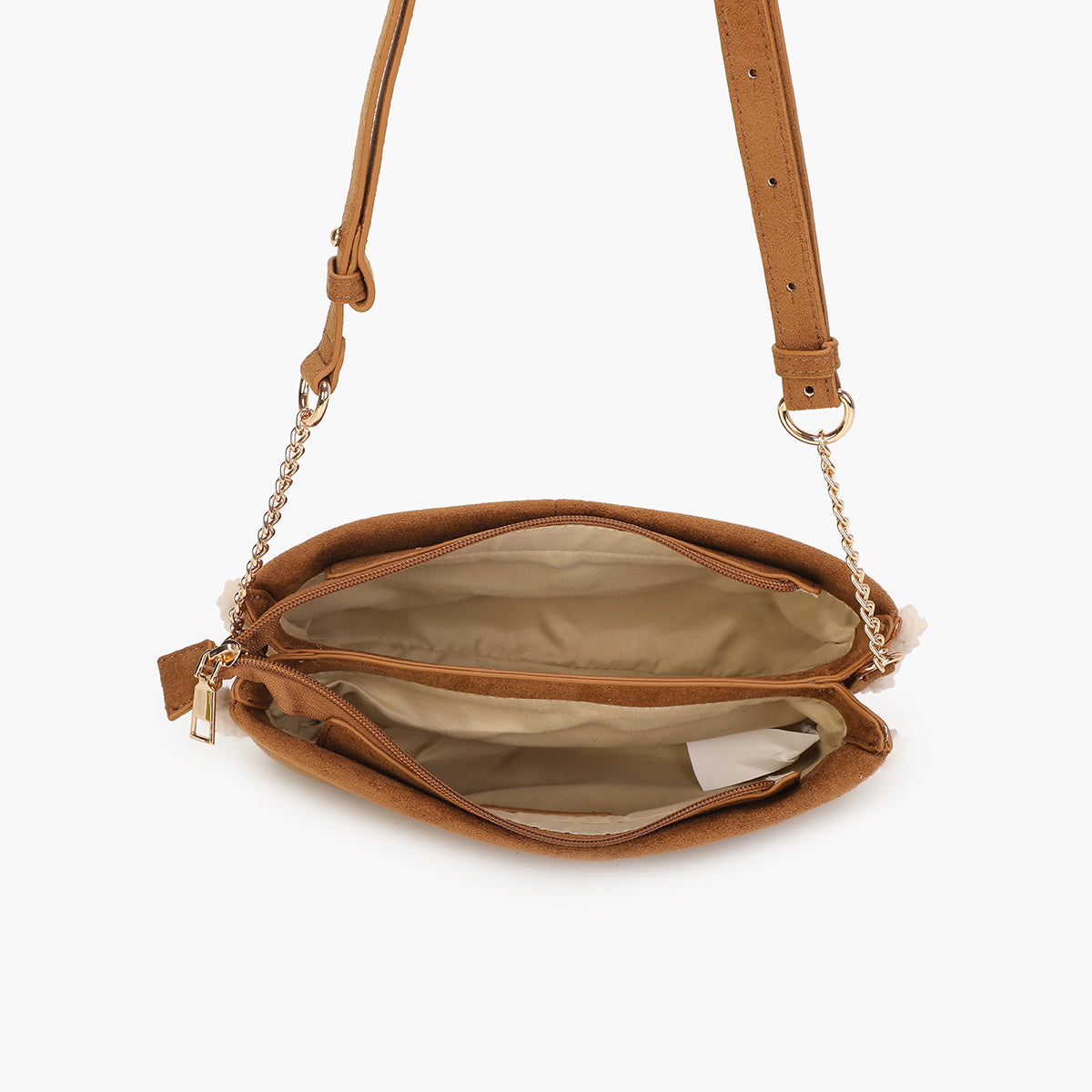 Sac pochette à bandoulière bi-matière camel