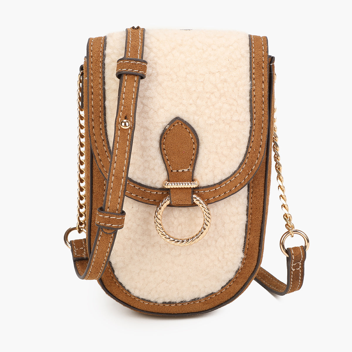 Pochette de téléphone bi-matière beige et camel