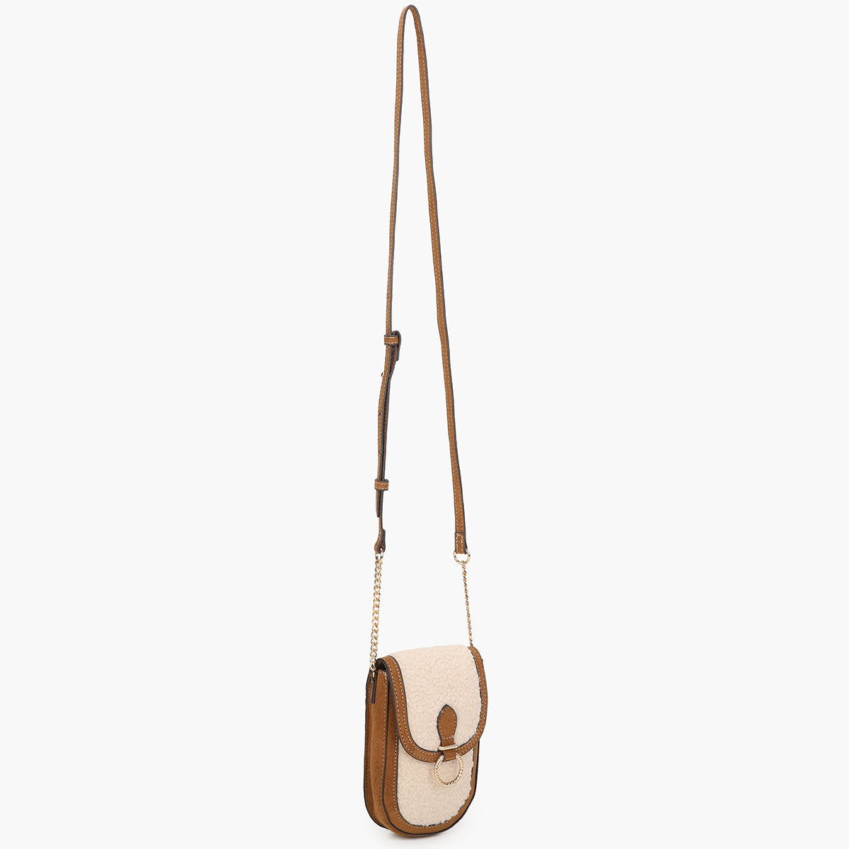 Pochette de téléphone bi-matière beige et camel