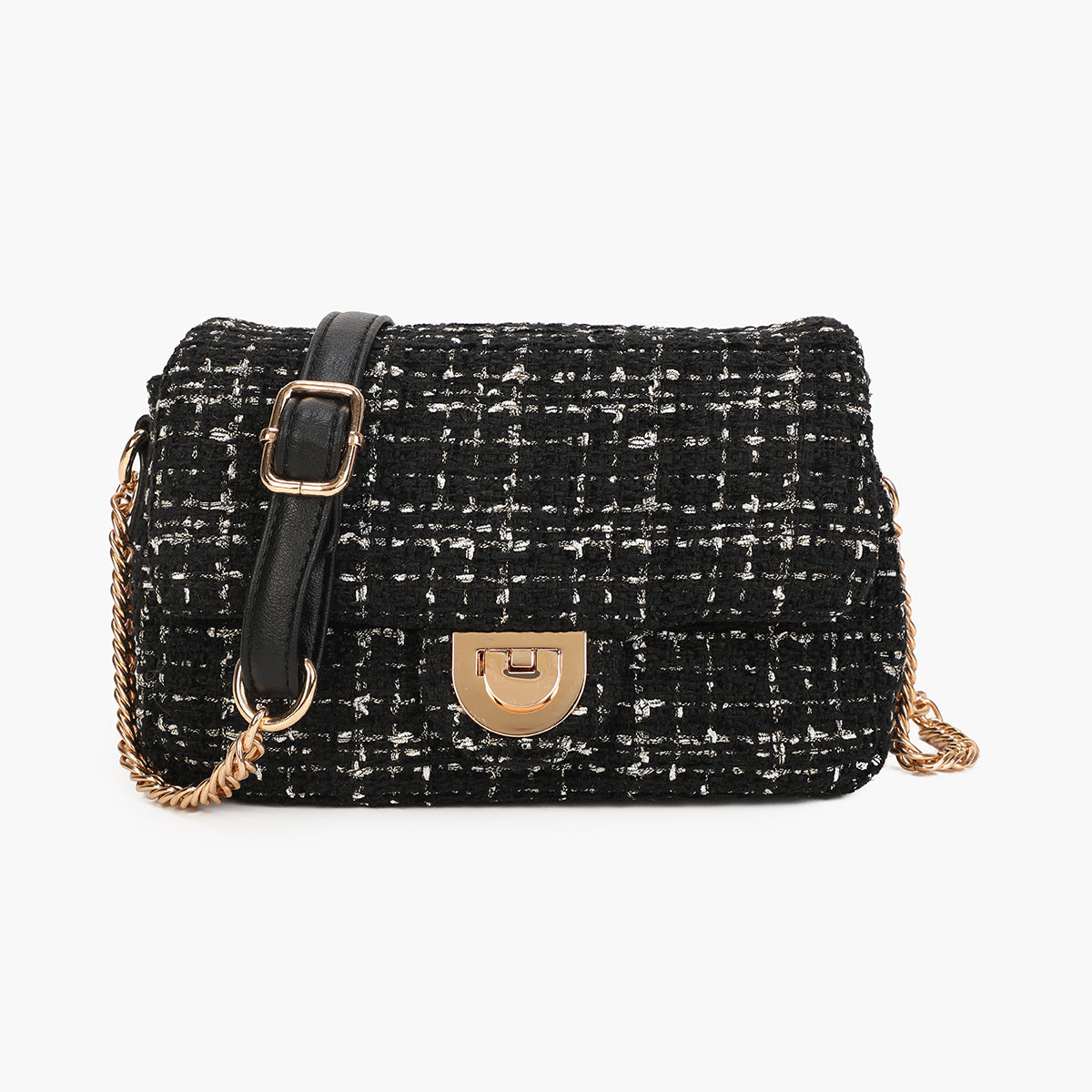 Sac à bandoulière bi-matière en tweed noir