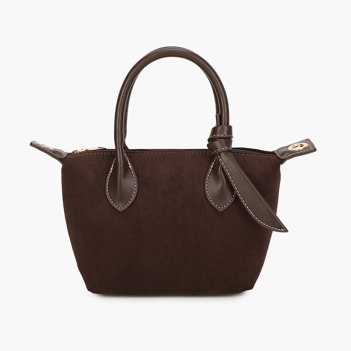 Petit sac texturé à anses et piqûres contrastées marron