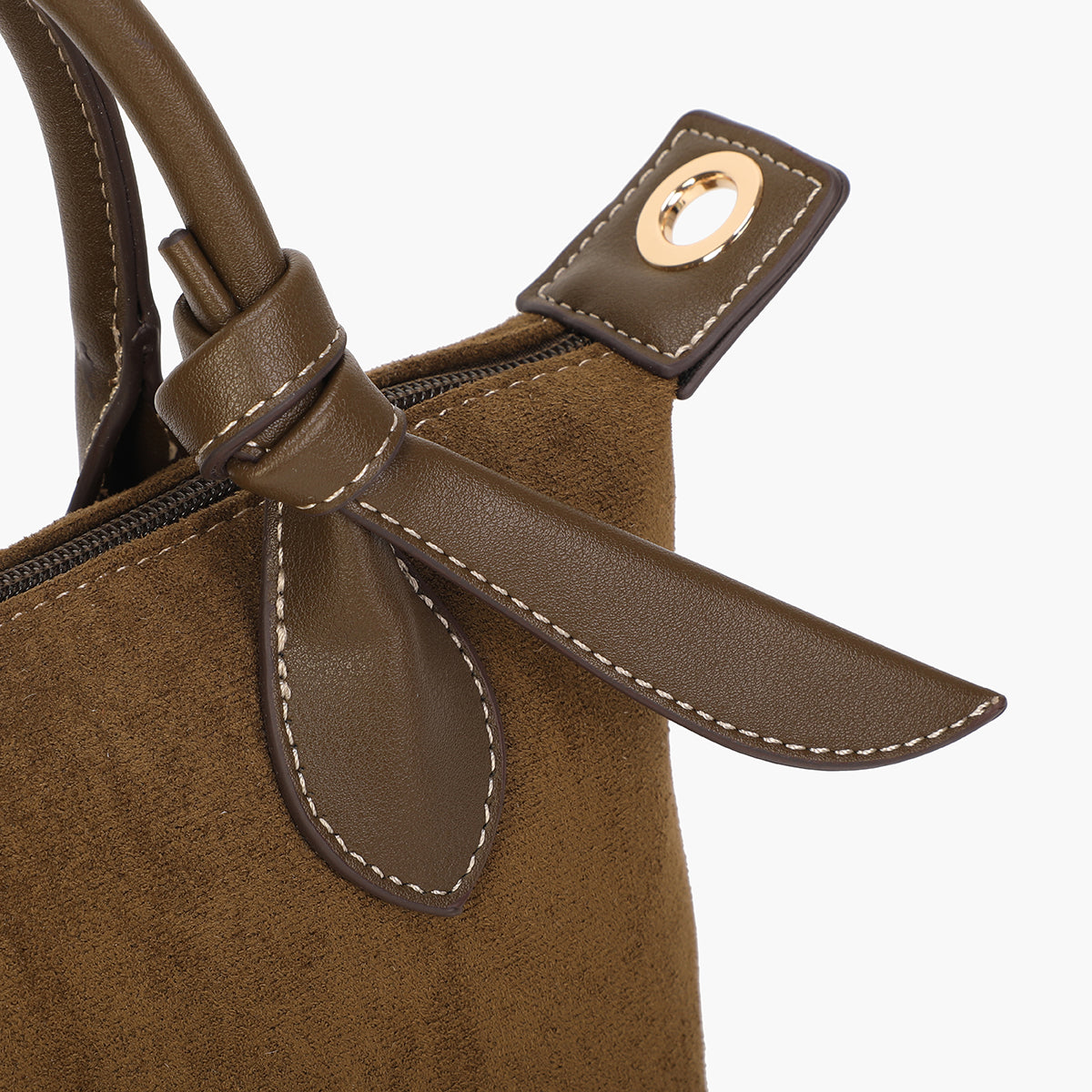Petit sac texturé à anses et piqûres contrastées kaki