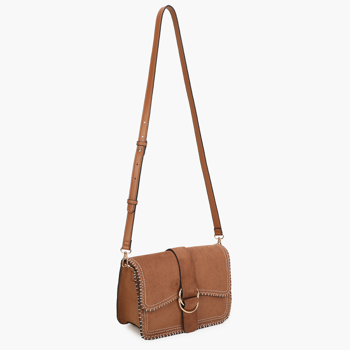 Sac à bandoulière camel et surpiqûres contrastées