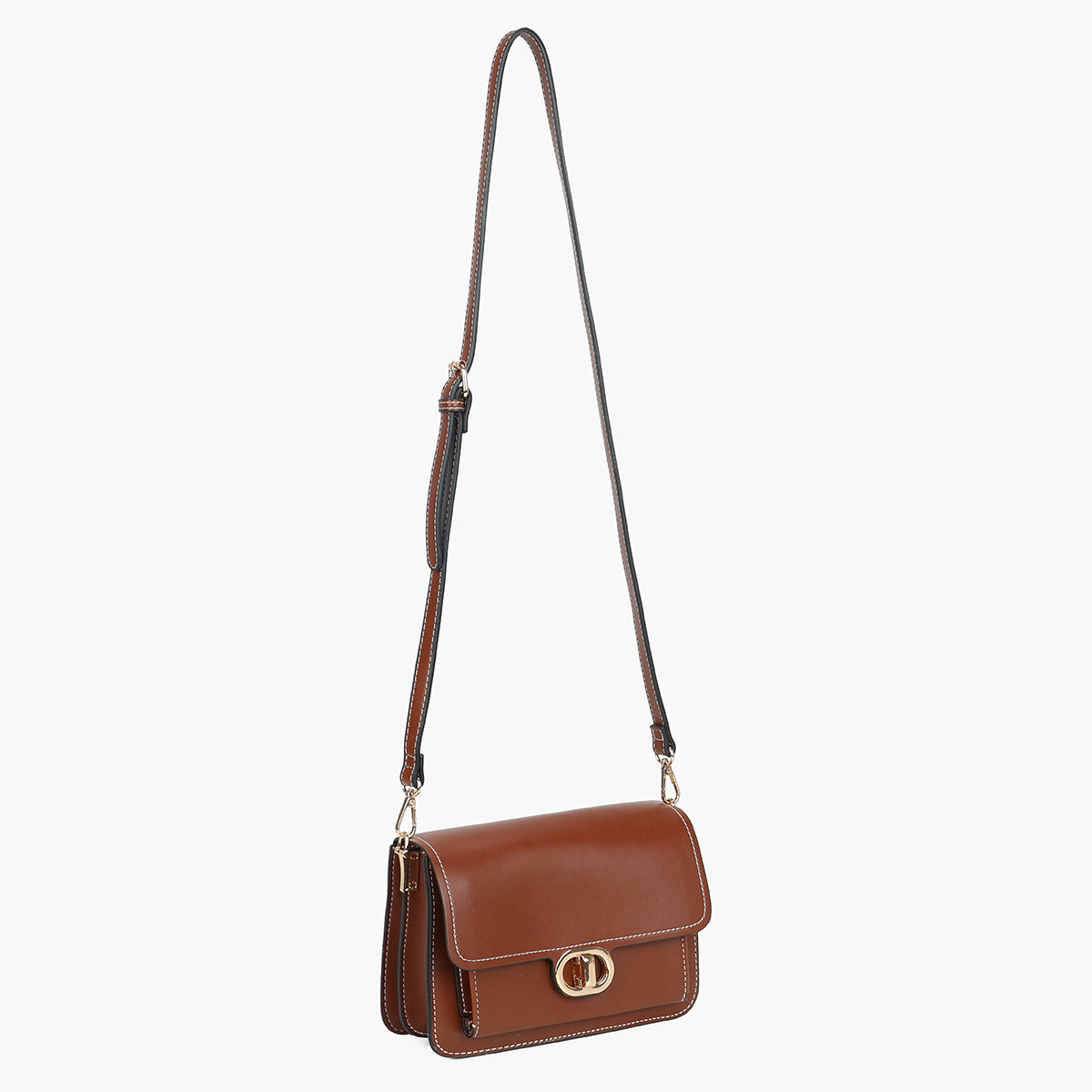 Sac à bandoulière camel à rabat et boucle métallique