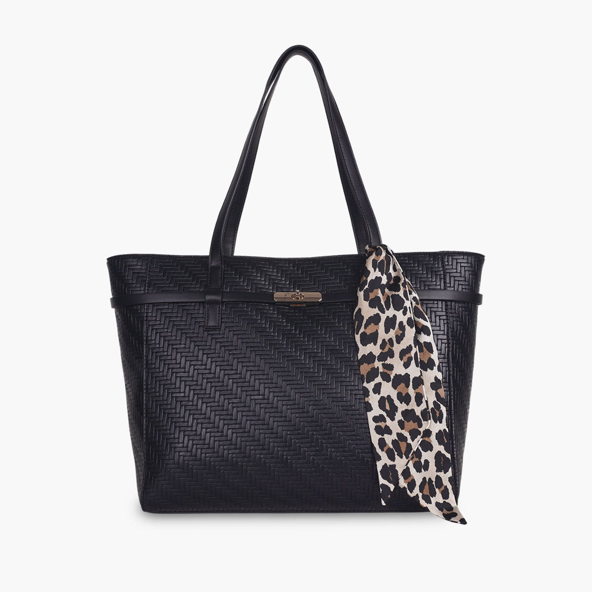 Sac cabas effet tressé noir et foulard léopard