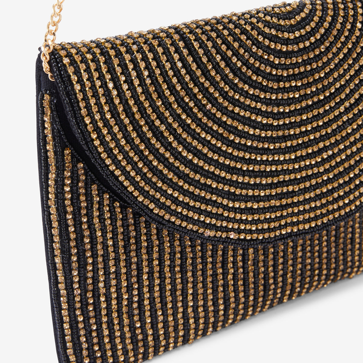 Pochette à perles et strass noire et dorée