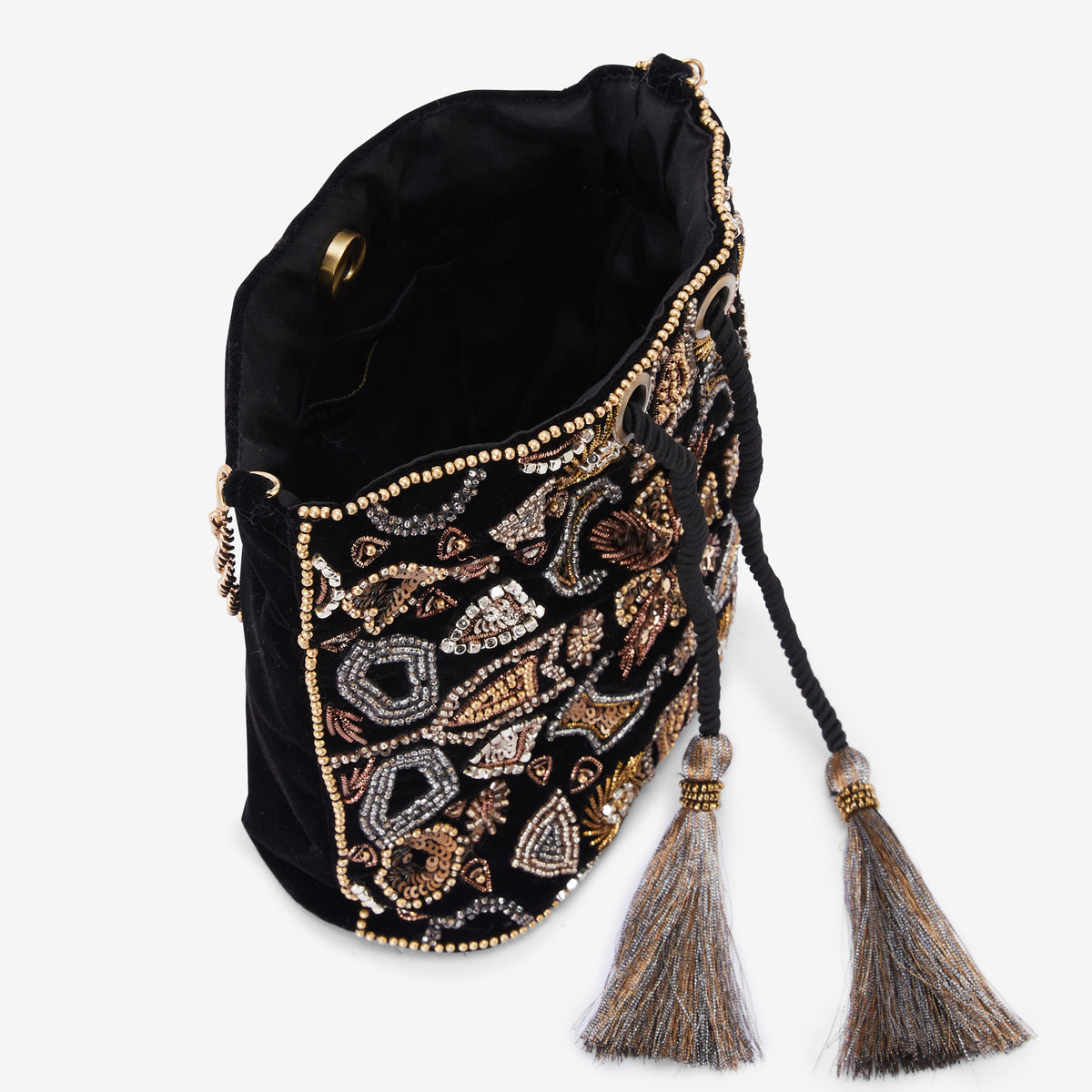Sac bourse perles et sequins noir et doré
