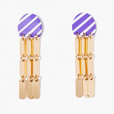 Boucles d'oreilles pendantes à rayures - violet, doré et blanc