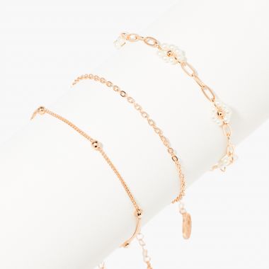 Set de 3 bracelets chaine avec fleurs et perles d'imitation - doré