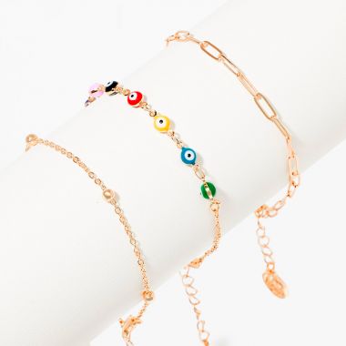 Set de 3 bracelets chaines avec œil - doré et multicolore