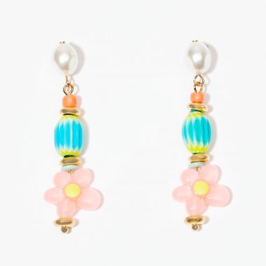 Boucles d'oreilles perles fantaisies et fleurs - bleu, rose et jaune