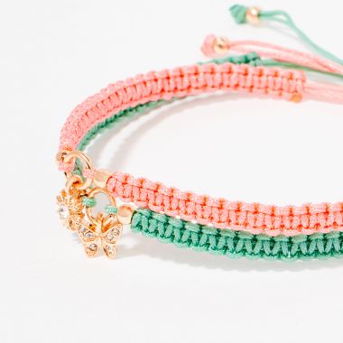 Set de 2 bracelets fils avec papillon et soleil - rose et vert
