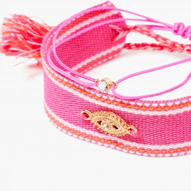 Set de 2 bracelets tissés avec charms oeil - rose